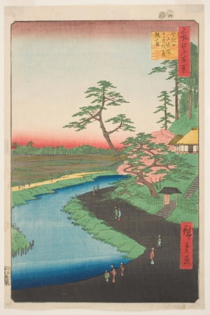 Japanese Print "Bashō’s Hermitage and Camellia Hill on the Kanda Aqueduct at Sekiguchi" by Utagawa Hiroshige, 歌川広重 (Utagawa Hiroshige I 歌川 広重)