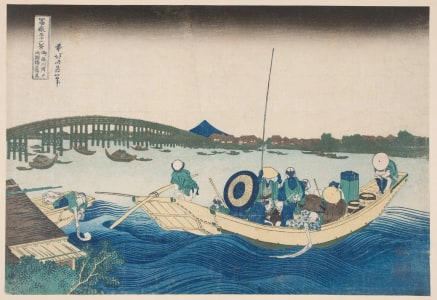 Japanese Print "Viewing the Sunset over Ryōgoku Bridge from the Onmaya Embankment" by Katsushika Hokusai, 葛飾北斎 (Katsushika Hokusai 葛飾 北斎)