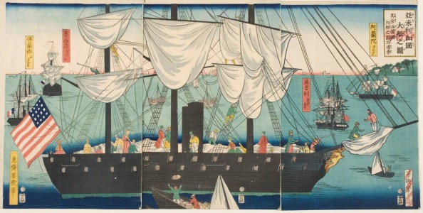 Japanese Print "Picture of a Great Ship from America: In the Distance, Exact Copies of Great Ships of the Five Nations" by Ochiai Yoshiiku, 落合芳幾 (Utagawa Yoshiiku 歌川 芳幾)