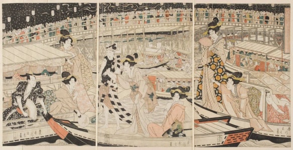 Japanese Print "Picture of Osaka Tenjin Festival, Cooling off by Naniwa Bridge" by Harukawa Goshichi