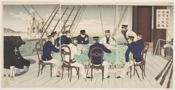 Japanese Print "Naval Officers Discussing the Battle Strategy for the Invasion of China" by Mizuno Toshikata, 水野年方 (Mizuno Toshikata)
