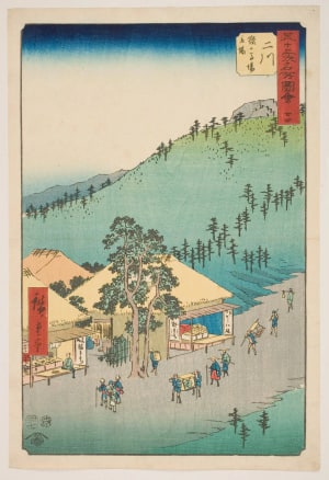 Japanese Print "No. 34, Futakawa: The Rest House of Surugababa (Futakawa, Sarugababa tateba)" by Utagawa Hiroshige, 歌川広重 (Utagawa Hiroshige I 歌川 広重)