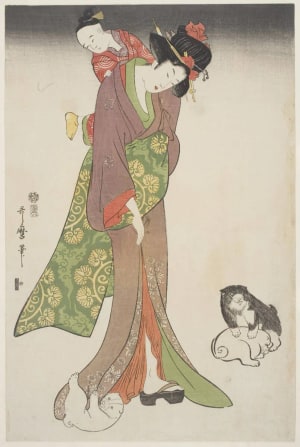 Japanese Print "Mother and Child with Puppies" by Kitagawa Utamaro, 喜多川歌麿 (Kitagawa Utamaro I 喜多川 歌麿)
