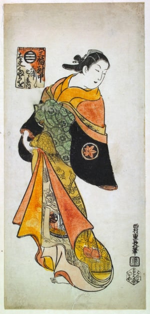 Japanese Print "Middle Sheet of a Triptych: The High-Ranking Courtesan (tayu) Takao of the Miura-ya Owned by Shichirobei (Sanpukutsui chu Miura-ya Shichirobei tayu Takao)" by Nishimura Shigenaga, 西村重長 (Shigenaga Nishimura)