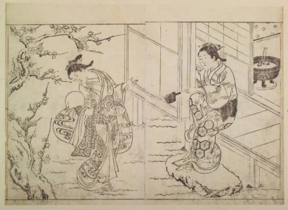 Japanese Print "The First Snow of Winter-double-page illustration (sheets 16-17)" by Nishikawa Sukenobu, 西川祐信 (Nishikawa Sukenobu)