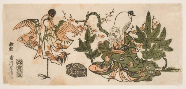 Japanese Print "Fukurokuju and a Crane, Impersonating Okina and Sanbaso" by Tomikawa Fusanobu
