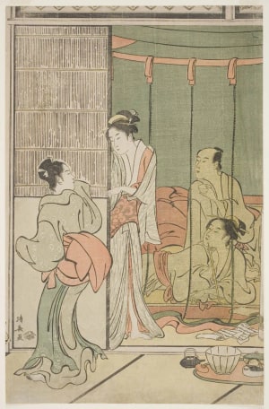 Japanese Print "A Party at Komeikan, a Brothel on Susaki Bay, Fukagawa (Watching the Impromptu Performance of the Takaodori)" by Torii Kiyonaga, 鳥居清長 (Kiyonaga, Torii)
