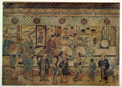Japanese Print "The Shop of the Actor Sanogawa Ichimatsu I" by Ishikawa Toyonobu, 石川豊信 (Ishikawa Toyonobu 石川 豊信)
