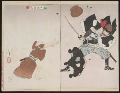 Japanese Print "Boy Hurls a Brazier at Kataoka Gengoemon During the Night Attack on the 47 Ronin" by Tsukioka Yoshitoshi, 月岡芳年 (Tsukioka Yoshitoshi 月岡 芳年)