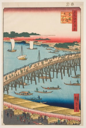 Japanese Print "Ryōgoku Bridge and the Great Riverbank (Ryōgokubashi Ōkawabata)" by Utagawa Hiroshige, 歌川広重 (Utagawa Hiroshige I 歌川 広重)