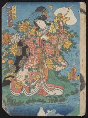 Japanese Print "Standing Female, Holding a Helmet" by Utagawa Kunisada, 歌川国貞 (Utagawa Kunisada I 歌川 国貞)