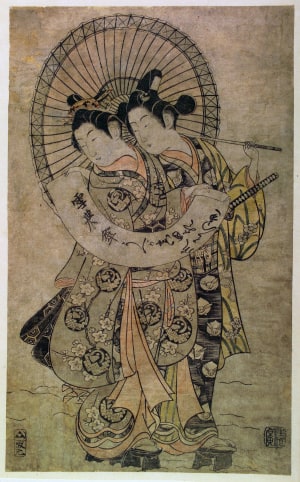 Japanese Print "Lovers Walking in the Snow Sheltered by an Umbrella" by Torii Kiyohiro, 鳥居清廣 (Torii Kiyohiro 鳥居 清広)