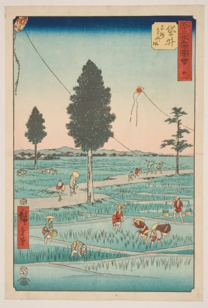 Japanese Print "No. 28, Fukuroi: Famous Tōtōmi Kites (Fukuroi, meibutsu Enshū tako)" by Utagawa Hiroshige, 歌川広重 (Utagawa Hiroshige I 歌川 広重)