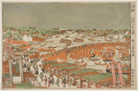 Japanese Print "Perspective Picture of Cooling-Off in the Evening at Ryogoku" by Utagawa Toyoharu, 歌川豊春 (Utagawa Toyoharu 歌川 豊春)