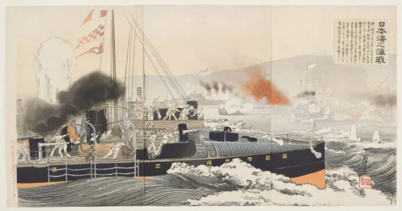 Japanese Print "Naval Battle in the Japan Sea (Nihonkai no kaisen)" by Getsuzo
