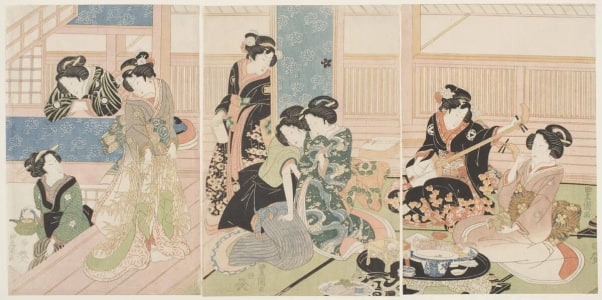 Japanese Print "Male Prostitutes and Serving Woman" by Utagawa Toyokuni I, 歌川豊国 (Utagawa Toyokuni I 歌川 豊国)