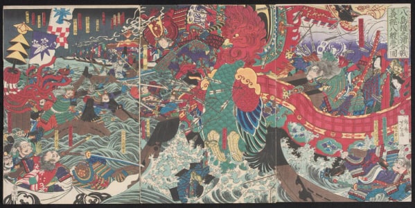Japanese Print "Yoshitsune leaps over Eight Boats at Dannoura Bay during the Battle of Yashima" by Tsukioka Yoshitoshi, 月岡芳年 (Tsukioka Yoshitoshi 月岡 芳年)