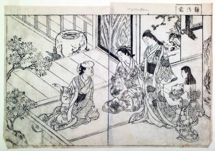 Japanese Print "Shizuka-gozen-double-page illustration (sheets 14-15) from volume I of the book Ehon Tokiwa-gusa (Picture Book of Evergreens)" by Nishikawa Sukenobu, 西川祐信 (Nishikawa Sukenobu)