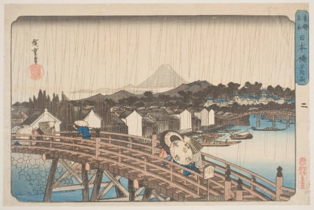 Japanese Print "White Rain at Nippon Bridge, Edo" by Utagawa Hiroshige, 歌川広重 (Utagawa Hiroshige I 歌川 広重)