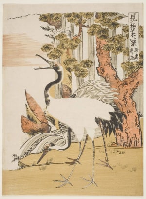 Japanese Print "Night Rain at the Japanese Larch" by Isoda Koryusai, 磯田湖龍齋 (Isoda Koryūsai 磯田 湖龍齋)