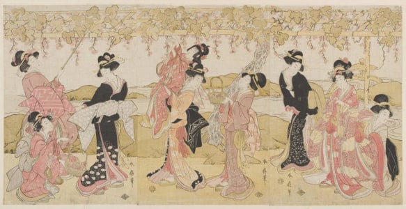 Japanese Print "A Grape-picking Excursion by a Young Woman and Attendants" by Katsukawa Shunsen, 勝川春扇 (Katsukawa Shunsen 勝川 春扇)