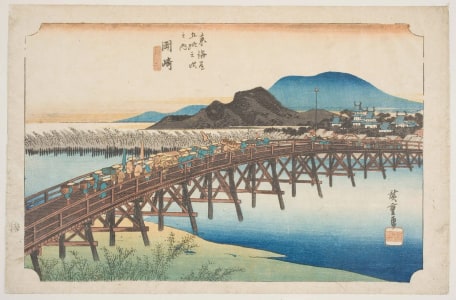 Japanese Print "Okazaki: The Long Bridge across the Yehagi River" by Utagawa Hiroshige, 歌川広重 (Utagawa Hiroshige I 歌川 広重)