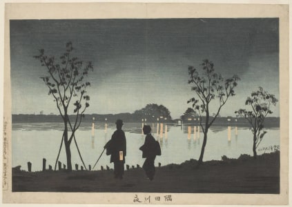 Japanese Print "Evening Along The Sumida" by Kobayashi Kiyochika, 小林清親 (Kobayashi Kiyochika 小林 清親)