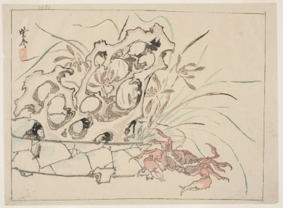 Japanese Print "Orchids And A Piece Of Tufa In A Shallow Pottery Bowl, And A Crab On The Floor Beside It" by Kawanabe Kyosai, 河鍋暁斎 (Kawanabe Kyosai)