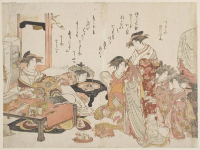 Japanese Print "The Courtesans Hinazuru and Chzan of the Chojiy House" by Kitao Masanobu