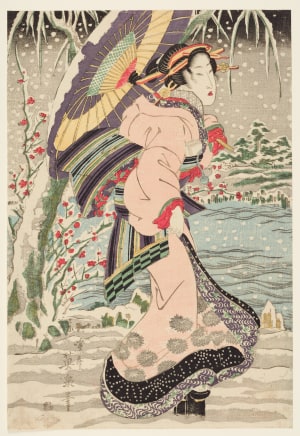 Japanese Print "Geisha Walking along the Sumida River in a Snowstorm" by Keisai Eisen, 渓斉英泉 (Keisai Eisen 渓斉 英泉)
