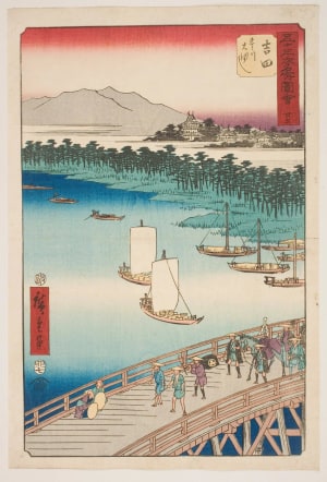 Japanese Print "Yoshida: The Great Bridge on the Toyo River (Yoshida, Toyokawa ōhashi)" by Utagawa Hiroshige, 歌川広重 (Utagawa Hiroshige I 歌川 広重)