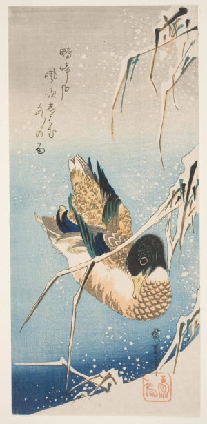 Japanese Print "Mallards Beneath Snow-Laden Reeds" by Utagawa Hiroshige, 歌川広重 (Utagawa Hiroshige I 歌川 広重)
