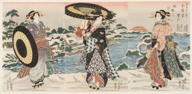 Japanese Print "Modern Figures at Dawn on a Snowy Day" by Keisai Eisen, 渓斉英泉 (Ikeda Eisen)