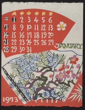 Estampe japonaise "January, 1973 – Fans and Designs of Pine, Plum and Bamboo" par Nishijima, Takeshi