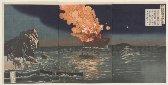 Japanese Print "Picture of the Naval Battle near Phung-to in Korea" by Kobayashi Kiyochika, 小林清親 (Kobayashi Kiyochika 小林 清親)