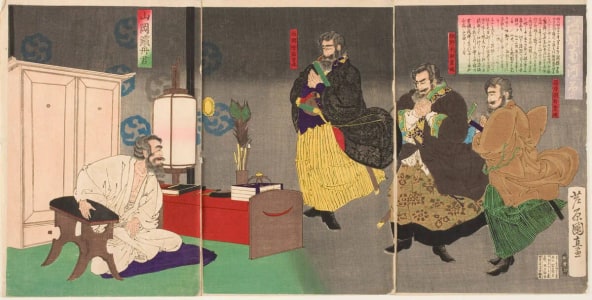 Japanese Print "Yamaoka Tesshu sees the Spirits of Saigo Takamori and Takamori's Chief Lieutenants" by Kuninao Ashihara II