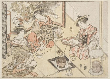 Japanese Print "Courtesans of the Ōkaneya" by Kitao Shigemasa, 北尾重政 (Kitao Shigemasa 北尾 重政, Katsukawa Shunshō 勝川 春章)