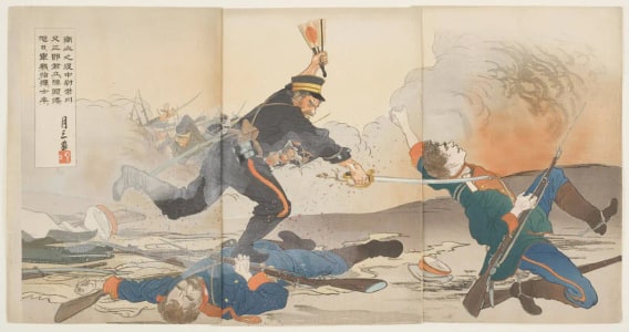 Japanese Print "In the Battle of Nanshan Lieutenant Shibakawa Matasaburo Led His Men Holding up a Rising Sun War Fan" by Getsuzo Japanese