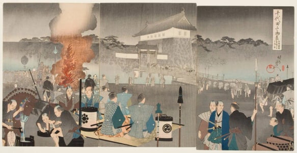 Japanese Print "Arrival of the Daimyo to the Main Gate of Edo Castle in Chiyoda-Ward" by Toyohara Chikanobu, 豊原周延 (Toyohara Chikanobu)