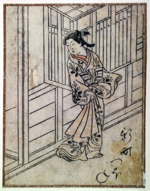 Japanischer Druck "A Courtesan of Shinmachi in Kyoto (Shinmachi tsubone)" von Nishimura Shigenaga, 西村重長 (Shigenaga Nishimura)