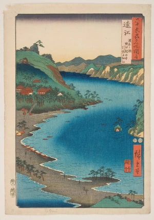 Utagawa Hiroshige, 歌川広重 (Utagawa Hiroshige I 歌川 広重)创作的日本版画《Province of Totomi: The Tateyama Buddhist Temple at Inasa No Hosoe》