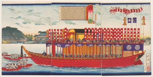 Japanese Print "The Twelfth Shogun Tokugawa Ieyoshi and his Retinue Sail on the Sumida River in Edo" by Tsukioka Yoshitoshi, 月岡芳年 (Tsukioka Yoshitoshi 月岡 芳年)