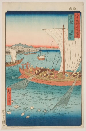 Japanese Print "Wakasa: Fishing Boat Trawling for Sole" by Unknown, 無款