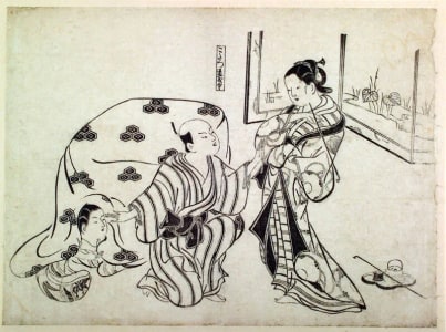Japanese Print "Dojoji of the Covered Hearth (Kotatsu Dojoji)" by Okumura Masanobu, 奥村政信 (Okumura Masanobu 奥村 政信)