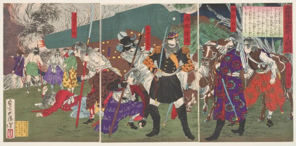 Japanese Print "Leaders of the 1877 Satsuma Rebellion: Saigo Takamori, Kirino Toshiaki and Others" by Tsukioka Yoshitoshi, 月岡芳年 (Tsukioka Yoshitoshi 月岡 芳年)