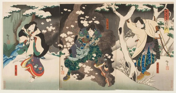 Japanese Print "Kataoka Gado II as Takamara Taro, Nakamura Utaemon IV as Hachiro Tametomo and Arashi Rikaku II as Takama's wife, Isohagi" by Utagawa Hirosada, 歌川広貞 (Konishi Hirosada)