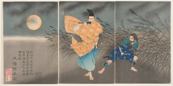 Japanese Print "The Painting 'Fujiwara Yasumasa Playing the Flute by Moonlight,' Exhibited at the National Painting Exhibition in the autumn of 1882" by Tsukioka Yoshitoshi, 月岡芳年 (Tsukioka Yoshitoshi 月岡 芳年)