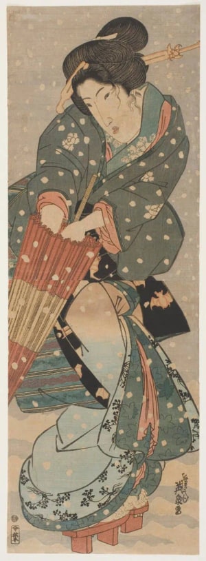 Japanese Print "Geisha Opening an Umbrella in a Snowstorm" by Keisai Eisen, 渓斉英泉 (Keisai Eisen 渓斎 英泉)
