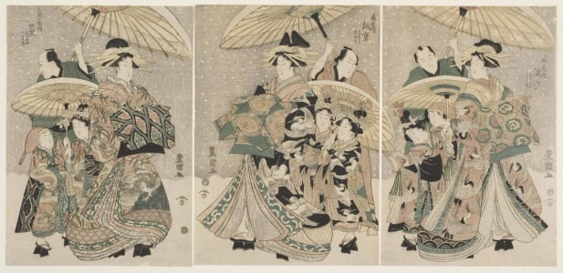 Japanese Print "Three Courtesans from Ogiya House with Kamuro Parading in Snow: Michishio with Sumano and Urano; Momoshige with Sonoha and Shigeri; Takamura with Yayoi and Yaeno" by Utagawa Toyokuni I, 歌川豊国 (Utagawa Toyokuni I 歌川 豊国)