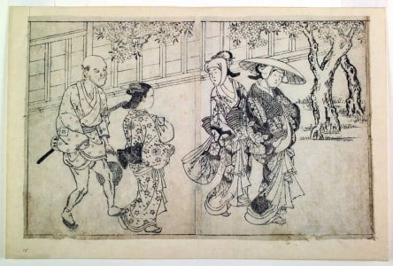 Japanese Print "The Wife of a Prosperous Commoner Out With Her Attendants to view Cherry Blossoms- double-page illustration (sheets 17-18) from volume I of the book Ehon Tokiwa-gusa (Picture Book of Evergreens)" by Nishikawa Sukenobu, 西川祐信 (Nishikawa Sukenobu)